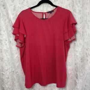 ADRIANNA PAPELL SIZE LARGE Coral Red & white polka dot blouse w/ ruffle sleeves